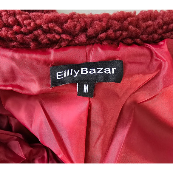 NEW Eilly Bazar Teddy Coat Women's M Burgundy Fuzzy Fleece Button NWOT - Picture 3 of 16